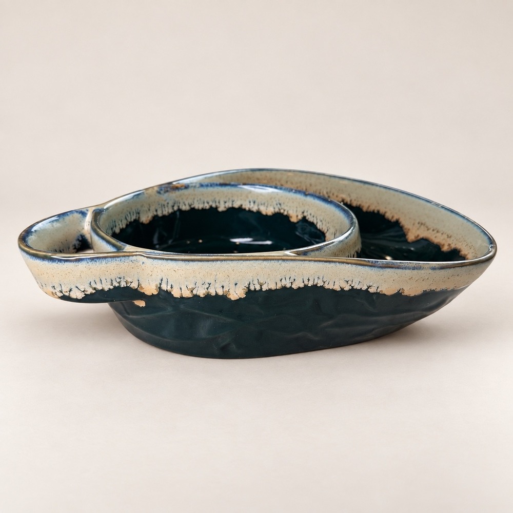 Ceramic Soup and Cracker Dish Teal Glazed Stoneware Bowl with Side Tray Handle